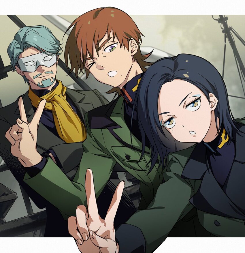 1girl 2boys brown_hair challia_bull comoli_harcourt facial_hair facing_viewer gradient_eyes green_eyes green_hair green_jacket gundam gundam_gquuuuuux highres jacket jonburrrr long_sleeves looking_at_viewer mask military_rank_insignia military_uniform mole mole_under_eye mole_under_mouth multicolored_eyes multiple_boys mustache open_mouth short_hair smile v xavier_olivette