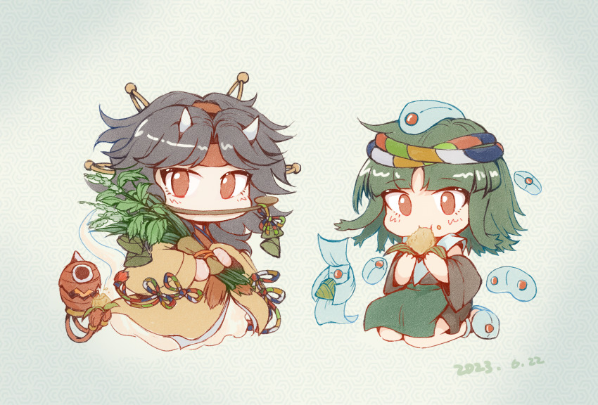 2others androgynous apron black_hair brown_shirt brown_shorts brown_sleeves burabura chibi commentary_request corn dated detached_sleeves eating food green_apron green_hair hair_ornament hairpin headband highres holding holding_food holding_vegetable horns hotaru_kago japanese_clothes kimono kneeling len&#039;en long_sleeves medium_hair multiple_hairpins multiple_others other_focus para_(len&#039;en) red_eyes red_headband shirt shorts slippers taira_no_chouki vegetable white_slippers yellow_kimono
