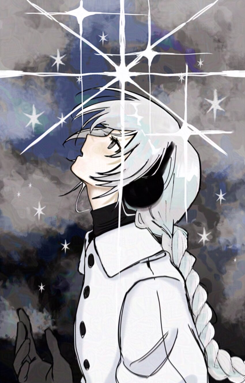 1girl black_gloves black_sweater buttons cloud coat earmuffs from_side gloves grey_eyes highres looking_up open_mouth sekka_yufu solo star_(sky) sweater turtleneck turtleneck_sweater upper_body utau wada140 white_coat