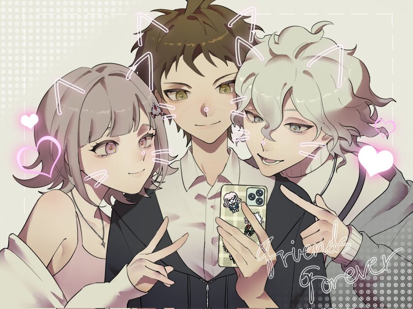 1girl 2boys animal_ears bare_shoulders black_jacket brown_hair collared_shirt danganronpa_(series) danganronpa_2:_goodbye_despair fake_animal_ears fake_whiskers galaga grey_eyes grey_hair grey_jacket hair_between_eyes hair_ornament highres hinata_hajime holding holding_phone hood hood_down jacket komaeda_nagito medium_hair multiple_boys nanami_chiaki nightcrawler_(night_10_18) official_alternate_costume phone pink_eyes shirt short_hair simple_background smile v white_background white_shirt