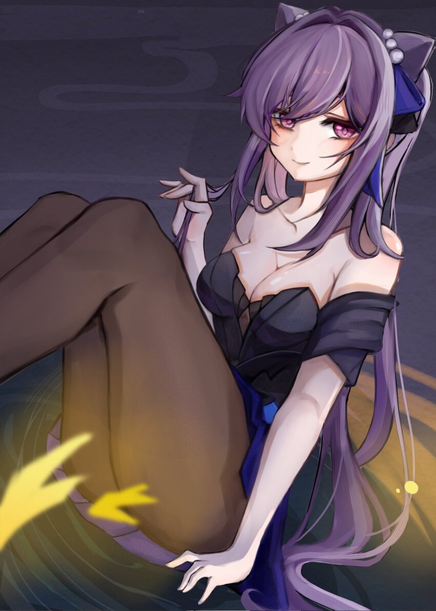 1girl bare_shoulders black_dress breasts brown_pantyhose cleavage cone_hair_bun dress feet_out_of_frame genshin_impact hair_bun hair_intakes highres keqing_(genshin_impact) keqing_(opulent_splendor)_(genshin_impact) knees_up long_hair looking_at_viewer medium_breasts off-shoulder_dress off_shoulder pantyhose purple_eyes purple_hair short_sleeves sitting smile solo thighs very_long_hair yumaru_(yuyu)
