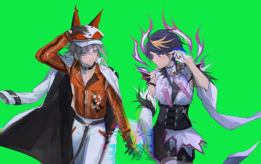 2boys absurdres animal_ear_headwear animal_print bat_wings belt black_collar black_corset black_gloves black_shorts blonde_streaks blue_eyes closed_mouth collar corset detached_sleeves dog_print earrings eye_contact eyes_visible_through_hair fake_animal_ears fake_wings fox_hat frills frown glitch gloves green_background green_screen grey_hair hair_flip half_gloves halo hand_in_own_hair hand_on_own_hat hand_on_own_head highres holding_hands jacket jewelry lapels light_blush long_sleeves looking_at_another male_focus mini_wings multicolored_hair multiple_boys mysta_rias mysta_rias_(1st_costume) nijisanji nijisanji_en o-ring o-ring_belt open_collar orange_shirt pants purple_eyes purple_hair purple_halo sad shade shirt shorts shu_yamino shu_yamino_(1st_costume) standing streaked_hair swept_bangs three_quarter_profile two-sided_fabric two-sided_jacket virtual_youtuber walking white_gloves white_jacket white_pants wings yaoi zizzu