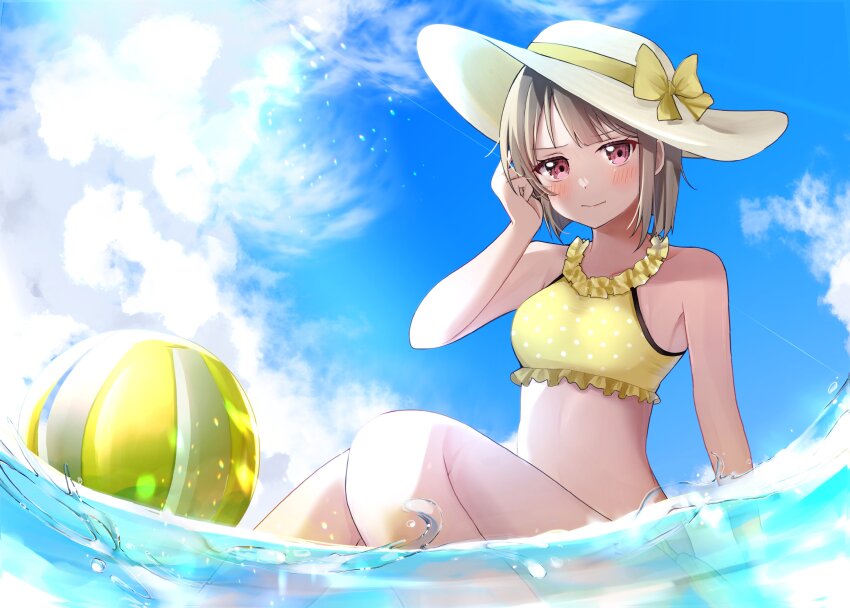 1girl absurdres afloat ball beachball bikini blue_sky blush bow breasts closed_mouth commentary grey_hair hand_up hat hat_bow highres looking_at_viewer love_live! love_live!_nijigasaki_high_school_idol_club nakasu_kasumi nyako_(utaneko31) outdoors petite red_eyes short_hair sky small_breasts solo stomach sun_hat swept_bangs swimsuit symbol-only_commentary upper_body water white_hat yellow_bikini yellow_bow
