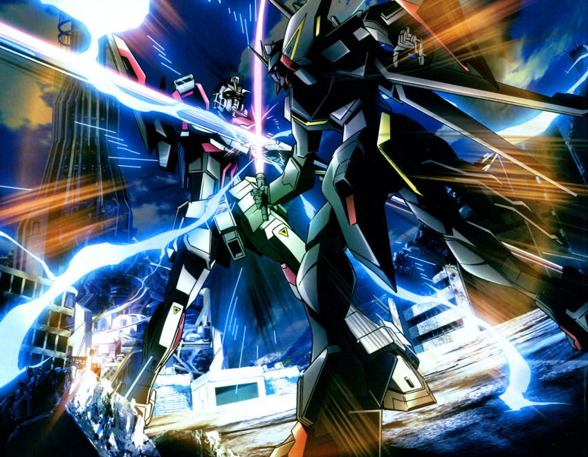 absurdres anti-ship_sword artist_request battle battle_damage city collateral_damage damaged debris energy_sword fighting_stance gaia_gundam gundam gundam_perfect_file gundam_seed gundam_seed_destiny highres holding holding_anti-ship_sword holding_beam_saber holding_sword holding_weapon impulse_gundam lightning mecha mecha_focus mobile_suit no_humans official_art robot rubble space_habitat sword sword_impulse_gundam v-fin weapon wreckage