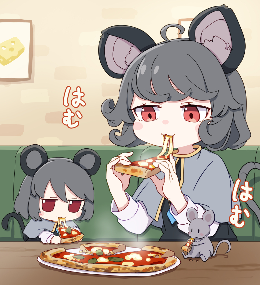 2girls absurdres ahoge animal_ears black_vest blush_stickers capelet commentary dual_persona eating food fumo_(doll) grey_capelet grey_hair highres holding holding_food holding_pizza indoors kame_(kamepan44231) long_sleeves mouse_(animal) mouse_ears mouse_girl mouse_tail multiple_girls nazrin pizza plate red_eyes shirt short_hair tail touhou translated vest white_shirt