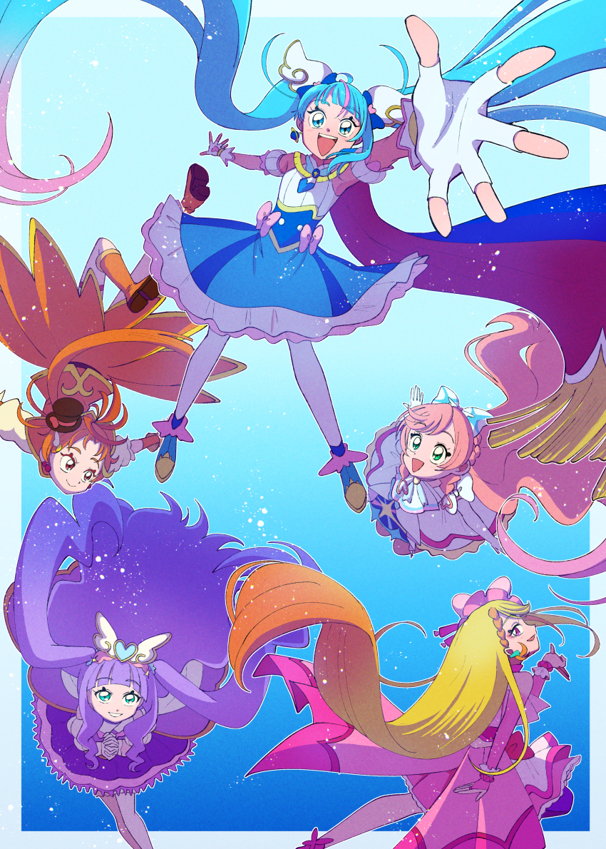 1boy 4girls absurdres ankle_boots aqua_eyes ascot black_hat blonde_hair blue_boots blue_cape blue_dress blue_eyes blue_hair boots bow braid braided_bangs bridal_gauntlets cape closed_mouth coattails commentary crown_braid cure_butterfly cure_majesty cure_prism cure_sky cure_wing cut_bangs detached_sleeves dress dress_bow earrings elbow_gloves ellee-chan fingerless_gloves floating foreshortening frilled_dress frills fringe_trim glove_bow gloves gradient_hair green_eyes grin hair_bow hair_ornament hat highres hijiri_ageha hinoki_(91011) hirogaru_sky!_precure jacket jewelry layered_dress leaning_forward long_hair looking_at_another looking_at_viewer looking_back low_ponytail magical_boy magical_girl medium_dress mini_hat mini_top_hat mob_cap multicolored_hair multiple_girls nijigaoka_mashiro open_mouth orange_boots orange_gloves orange_hair orange_jacket pink_boots pink_bow pink_gloves pink_hair pink_hat pink_shirt ponytail precure puffy_detached_sleeves puffy_short_sleeves puffy_sleeves purple_dress purple_hair reaching reaching_towards_viewer red_cape red_eyes shirt short_sleeves showgirl_skirt side_braids single_earring single_sidelock sleeveless sleeveless_dress smile sora_harewataru streaked_hair thighhighs top_hat twintails two-sided_cape two-sided_fabric two-tone_dress two-tone_hair upside-down very_long_hair white_ascot white_bow white_dress white_gloves white_thighhighs wing_hair_ornament yuunagi_tsubasa