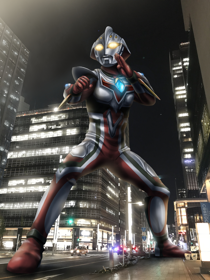 1boy absurdres alien arm_blade bicycle black_skin building car city cityscape clenched_hand color_timer colored_skin commentary_request crosswalk dorsal_fin fighting_stance from_below full_body glowing glowing_eyes highres lamppost looking_ahead male_focus motor_vehicle multicolored_skin night outdoors people photo_background red_skin road_sign sign silver_skin solo_focus standing tokusatsu ultra_series ultraman_nexus ultraman_nexus_(series) ultraman_nexus_junis vambraces weapon yellow_eyes yoshifuto