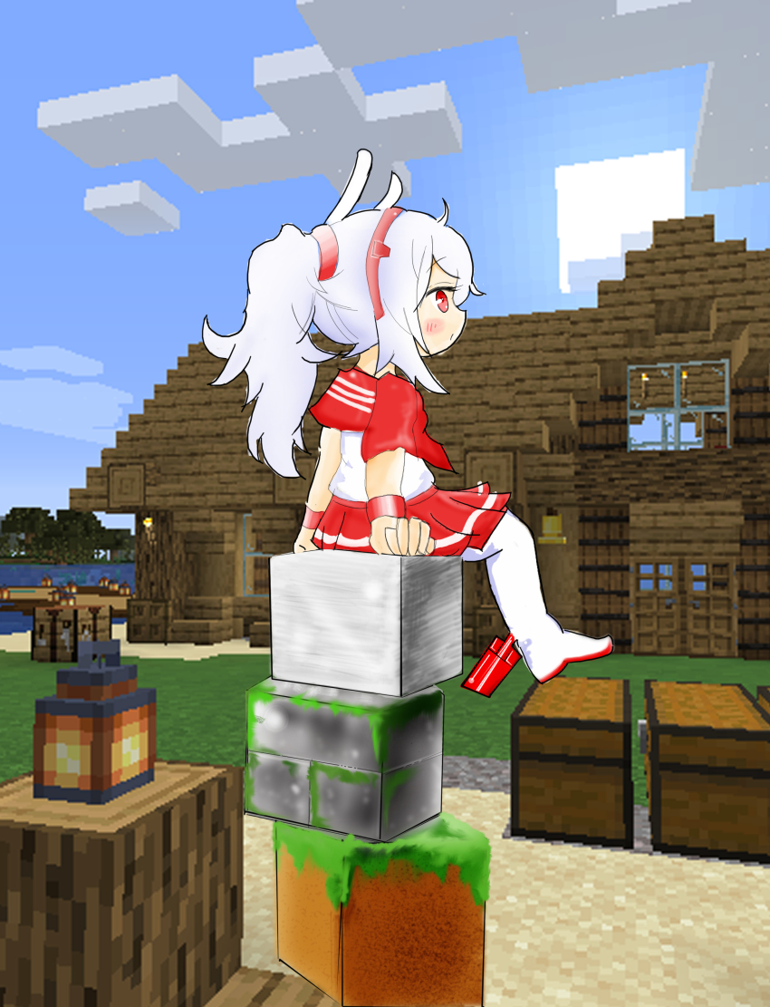 absurdres azur_lane building game_cg grass_block highres laffey_(azur_lane) lamp lantern long_hair minecraft non-web_source red_eyes sitting sitting_on_object sky very_long_hair