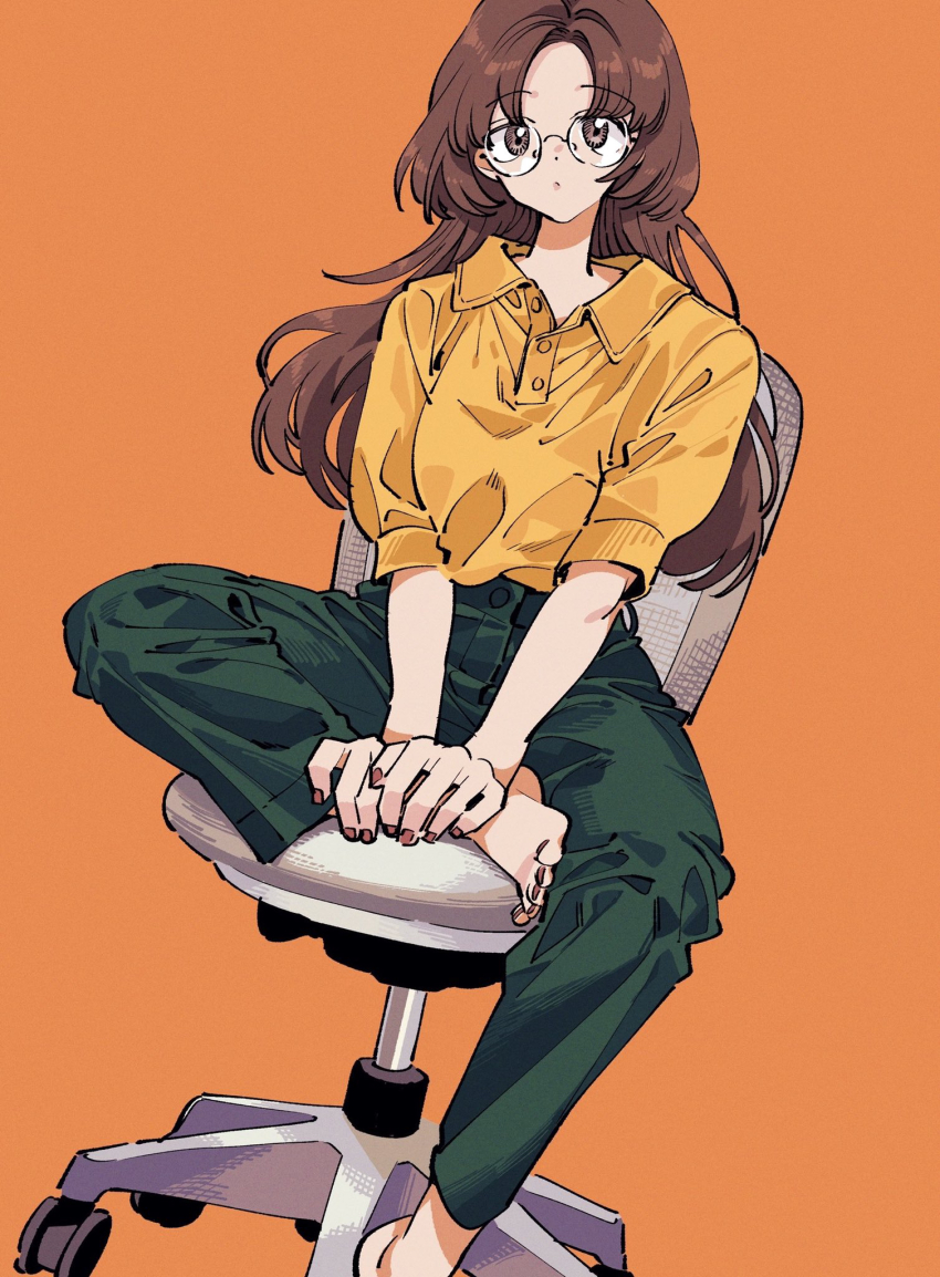 1girl baggy_clothes barefoot brown_eyes brown_hair chair figure_four_sitting glasses green_pants hand_on_own_foot highres long_hair nail_polish office_chair orange_background orange_shirt original otokawa_akari pants parted_bangs polo_shirt red_nails rimless_eyewear round_eyewear shirt short_sleeves simple_background sitting solo swivel_chair