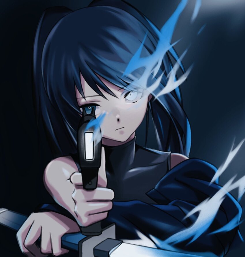 1girl ado_(utaite) aiming aiming_at_viewer black_rock_shooter black_rock_shooter_(character) black_rock_shooter_(character)_(cosplay) black_shirt blue_eyes blue_hair chando_(ado) commentary_request cosplay covered_collarbone egoist_tosummer finger_on_trigger gun heterochromia holding holding_gun holding_sword holding_weapon long_hair shirt sleeveless sleeveless_shirt solo sword twintails upper_body utaite weapon white_eyes