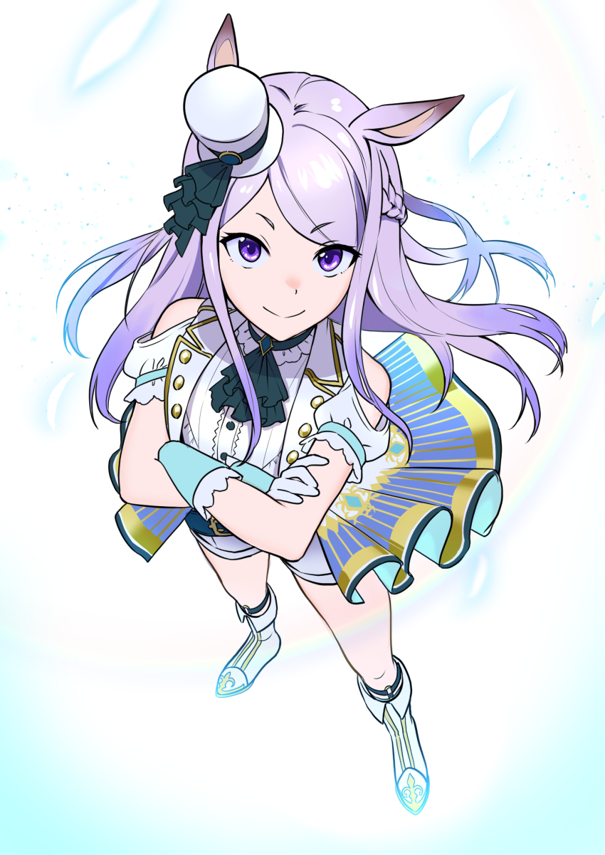 1girl animal_ears aqua_gloves ascot bare_shoulders belt black_ascot bloom blue_belt blue_skirt braid buttons closed_mouth clothing_cutout crossed_arms elbow_gloves eyes_visible_through_hair frilled_gloves frilled_sleeves frills from_above full_body gloves hat highres horse_ears horse_girl light_smile long_hair looking_at_viewer looking_up mejiro_mcqueen_(end_of_sky)_(umamusume) mejiro_mcqueen_(umamusume) mini_hat mini_top_hat official_alternate_costume open_clothes open_vest overskirt purple_eyes purple_hair rainbow shirt shoes short_sleeves shorts shoulder_cutout sidelocks skirt solo split_mouth swept_bangs top_hat toujou_(toujou_ramen) umamusume vest white_gloves white_hat white_shirt white_shoes white_shorts white_vest yellow_skirt