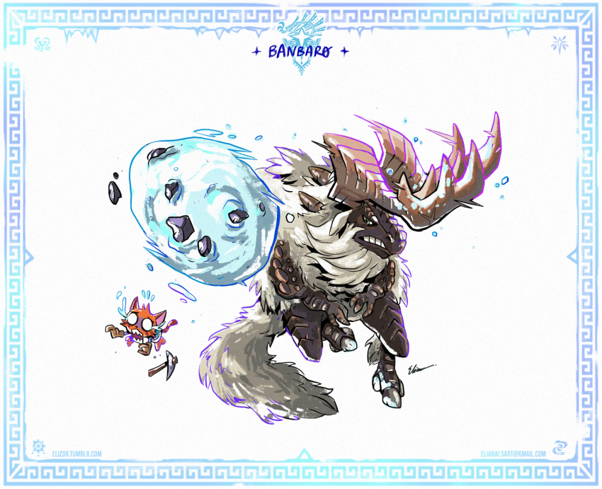banbaro border character_name clenched_teeth eliz0r email_address felyne gloves highres horns monster monster_hunter:_world monster_hunter_(series) monster_hunter_world:_iceborne open_mouth pickaxe running scared signature simple_background snowball tail teeth tumblr_username white_eyes