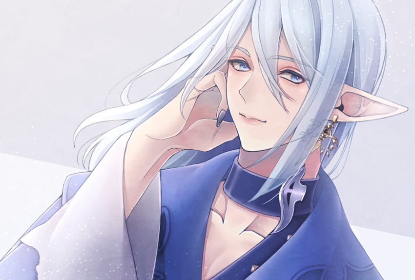 1boy androgynous blue_choker blue_eyes blue_nails blue_shirt blue_theme choker commentary_request earrings elezen elf final_fantasy final_fantasy_xiv fingernails gradient_clothes gradient_nails gradient_shirt grey_background hand_on_own_cheek hand_on_own_face jewelry kuro11_222 long_fingernails long_hair looking_to_the_side male_focus pointy_ears shirt single_earring smile solo upper_body warrior_of_light_(ff14) white_hair white_shirt