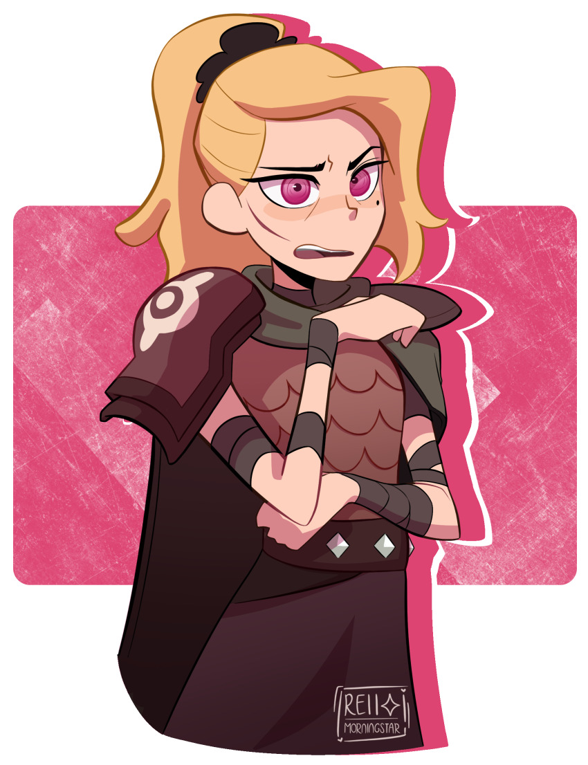 1girl absurdres amphibia armor asymmetrical_bangs blonde_hair breastplate cape cowboy_shot hair_ornament hair_scrunchie highres mole mole_under_eye parted_lips pink_eyes ponytail reiimorningstar sasha_waybright scale_armor scrunchie shoulder_armor signature skirt solo spiked_belt teeth toad_armor_(amphibia)