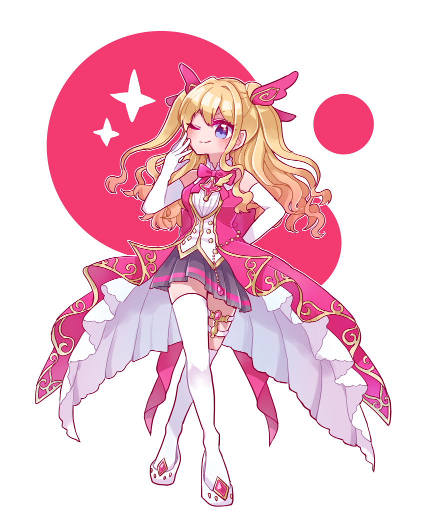 &gt;:) 1girl ;) ami_ria arm_behind_back asymmetrical_legwear back_bow blonde_hair blue_eyes blush bow bowtie chain coat collared_shirt crossed_legs elbow_gloves full_body gem gloves hair_ribbon hand_up highres long_hair looking_at_viewer magia_record:_mahou_shoujo_madoka_magica_gaiden magical_girl mahou_shoujo_madoka_magica no_nose one_eye_closed pink_bow pink_bowtie pink_coat pink_gemstone pink_ribbon ribbon shirt simple_background sleeveless sleeveless_coat sleeveless_shirt smile solo sparkle split_mouth standing tailcoat takenoko_mgrc thighhighs two_side_up v-shaped_eyebrows wavy_hair white_background white_footwear white_gloves white_shirt white_thighhighs