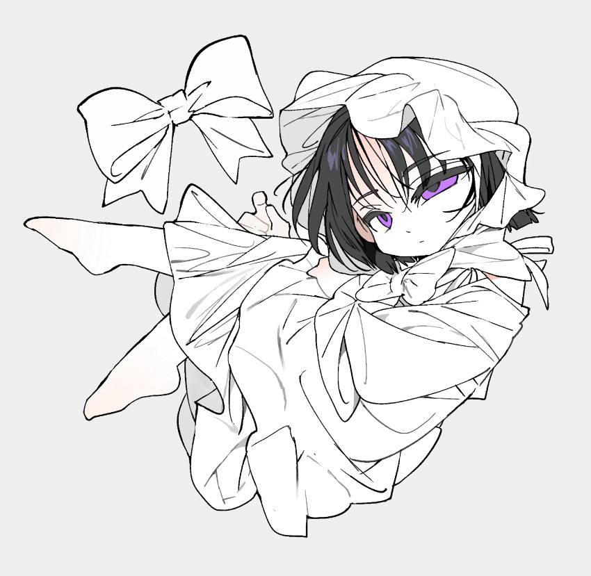 1girl alien_stage bandages bare_legs barefoot black_hair blank_eyes blunt_bangs bow chibi chibi_only crossed_legs dress expressionless fetal_position from_above from_side full_body ghost_costume hair_bow hair_over_one_eye highres jitome kamika knees_up leg_up lineart looking_at_viewer loose_clothes lying messy_hair monochrome parted_bangs purple_eyes short_hair simple_background sketch sleeves_past_fingers sleeves_past_wrists soles solo spot_color sua_(alien_stage) very_long_sleeves white_background white_dress wide_sleeves