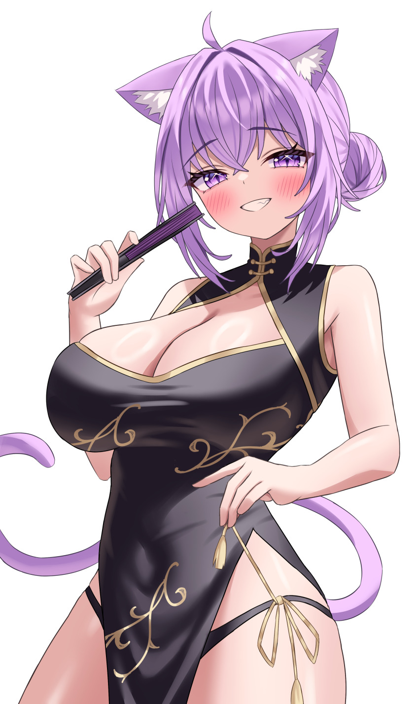 1girl :d absurdres ahoge animal_ears black_dress breasts cat_ears cat_girl cat_tail china_dress chinese_clothes cleavage cleavage_cutout clothing_cutout commentary_request covered_navel cowboy_shot crossed_bangs double-parted_bangs dress grin hair_between_eyes hair_bun hand_fan hand_up highres holding holding_fan hololive kumoru_(kumoru_145) large_breasts looking_at_viewer nekomata_okayu open_mouth panties pelvic_curtain purple_eyes purple_hair short_hair side-tie_panties side_slit simple_background single_hair_bun sleeveless sleeveless_dress smile solo tail underwear virtual_youtuber white_background