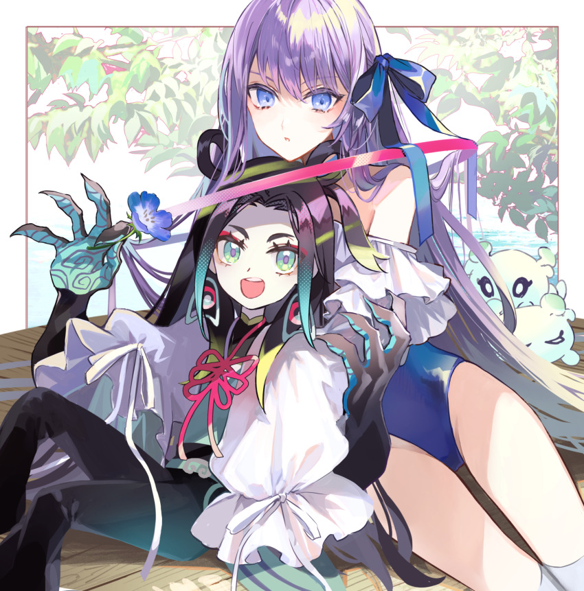 1boy 1girl arms_up belt black_hair black_pants blue_eyes blue_flower blue_one-piece_swimsuit blue_ribbon border commentary_request con_(fate) earrings eyeshadow fate/grand_order fate_(series) feet_out_of_frame flower frilled_one-piece_swimsuit frills gradient_hair green_belt green_eyes green_hair hair_ribbon highleg highleg_one-piece_swimsuit highres holding holding_flower jewelry leaning_back leaning_to_the_side long_hair long_sleeves makeup meltryllis meltryllis_(fate) meltryllis_(swimsuit_lancer)_(fate) meltryllis_(swimsuit_lancer)_(second_ascension)_(fate) multicolored_hair neck_ribbon off-shoulder_one-piece_swimsuit off_shoulder on_floor one-piece_swimsuit open_mouth outside_border pants parted_bangs parted_lips pink_ribbon plant poppoman purple_hair red_eyeshadow ribbon sidelocks sleeves_past_fingers sleeves_past_wrists smile strapless strapless_one-piece_swimsuit swimsuit taisui_xingjun_(fate) teeth upper_teeth_only very_long_hair white_border wooden_floor yakisoba