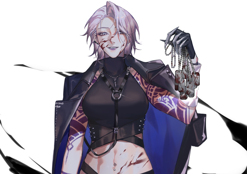 1girl absurdres arm_tattoo bandaged_arm bandages bare_arms black_coat black_eyeliner black_gloves blood blood_on_face blood_on_stomach chinese_commentary coat coat_on_shoulders commentary curtained_hair dog_tags eyeliner gloves grey_hair grey_lips hand_up highres holding_dog_tags jewelry liiger looking_at_viewer makeup medium_hair midriff navel navel_piercing necklace path_to_nowhere piercing shoulder_tattoo simple_background smile solo straight-on swept_bangs tattoo toned toned_female tribal_tattoo turtleneck upper_body white_background zoya_(path_to_nowhere)