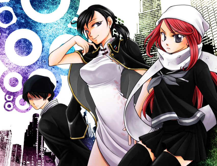 10s 1boy 2girls aida_(artist) ban_airi beanie black_hair china_dress chinese_clothes devil_survivor_(series) devil_survivor_2 dress grey_eyes hat jacket jacket_on_shoulders kanno_fumi long_hair multiple_girls musical_note orange_hair pleated_skirt pout scarf school_uniform scientist serafuku short_hair short_twintails skirt smile thighhighs torii_jungo twintails white_dress