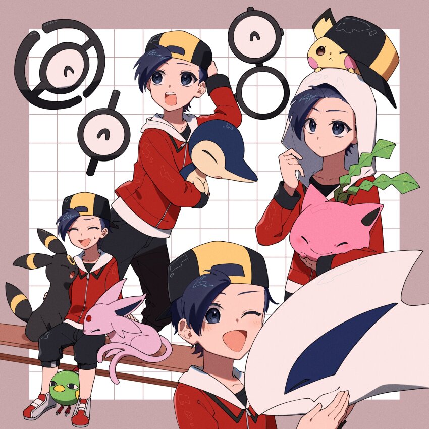 1boy ;d backwards_hat baseball_cap black_hair black_hat black_pants collarbone commentary_request cyndaquil espeon ethan_(pokemon) gen_2_pokemon grid_background hand_on_headwear hat highres holding holding_pokemon hood hood_up hooded_jacket hoppip jacket legendary_pokemon long_sleeves lugia male_focus natu nintendo nisanrei121 on_head one_eye_closed open_mouth pants pichu pokemon pokemon_(creature) pokemon_hgss pokemon_on_head red_footwear red_jacket shoes short_hair smile sweatdrop teeth umbreon unown unown_b unown_h unown_i upper_teeth_only zipper zipper_pull_tab