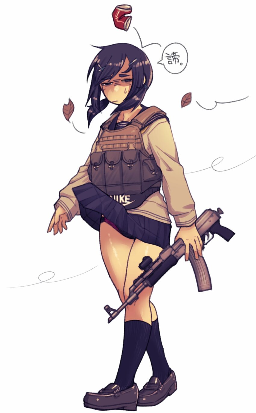 1girl akm assault_rifle black_hair black_sailor_collar black_shoes black_skirt black_socks cb_(c-board) clothes_lift commentary_request crushed_can falling_leaves fanny_pack full_body gun highres holding holding_gun holding_weapon kalashnikov_rifle leaf loafers long_hair long_sleeves low_twintails nike_(company) original panties pleated_skirt purple_panties ribbed_legwear rifle sailor_collar shirt shoes simple_background skirt skirt_lift socks solo translation_request twintails underwear weapon weapon_request white_background white_shirt wind wind_lift