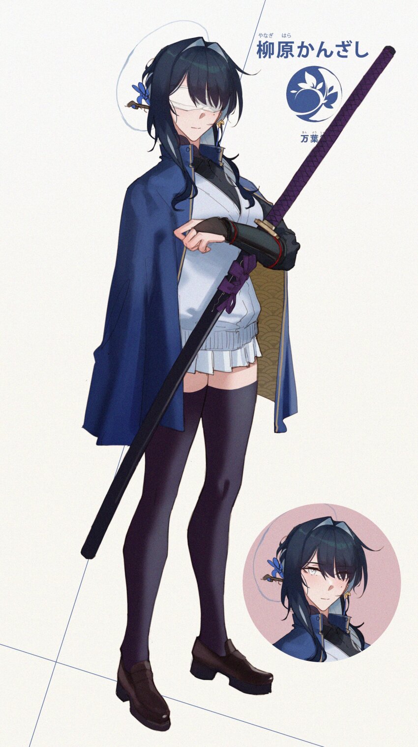 absurdres black_hair black_thighhighs blindfold bridal_gauntlets character_request coat coat_on_shoulders commentary dangodes english_commentary full_body grey_eyes hair_intakes hair_ornament highres holding holding_sword holding_weapon katana loafers medium_hair messy_hair pleated_skirt project_kv shoes skirt sweater sword thighhighs translation_request weapon white_blindfold
