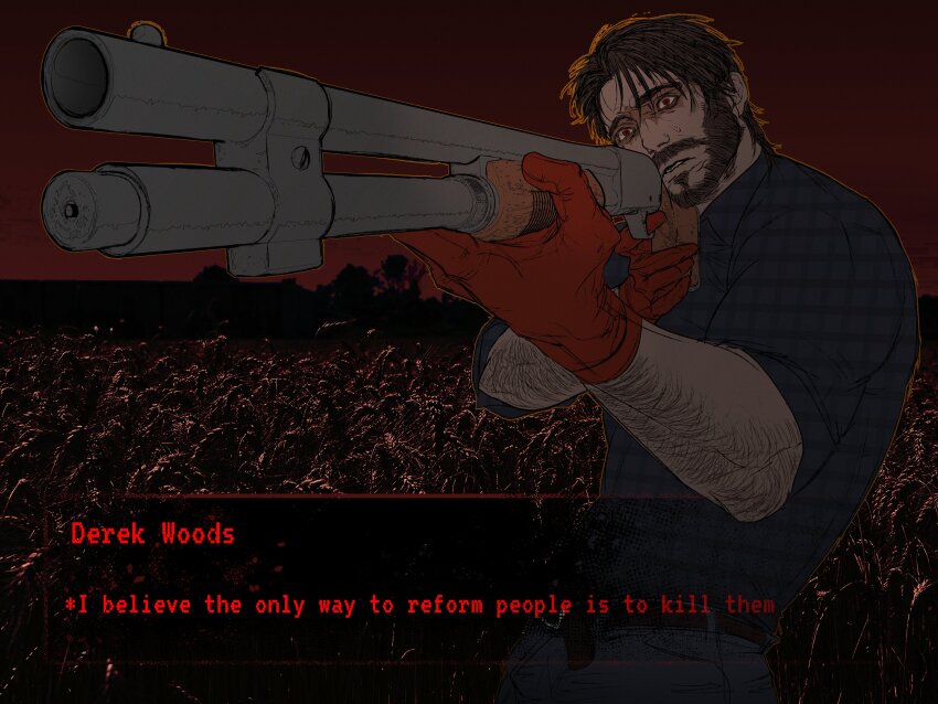1boy absurdres aiming arm_hair bags_under_eyes beard brown_hair clenched_teeth constricted_pupils dialogue_box facial_hair farm gloves gun highres holding holding_gun holding_weapon horizon ju-san male_focus messy_hair open_mouth original plaid_clothes plaid_shirt red_eyes red_gloves red_sky red_theme rifle shirt short_hair silhouette sky sleeves_rolled_up solo teeth upper_body visual_novel weapon wheat_field