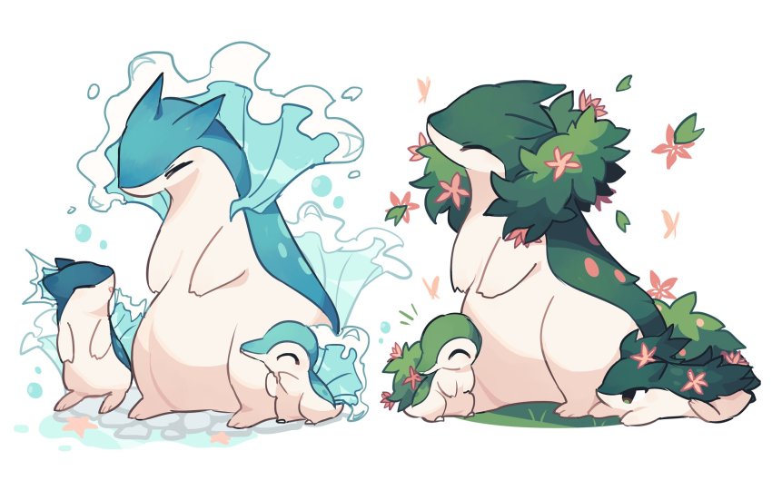 alternate_color bug butterfly charamells closed_eyes commentary cyndaquil english_commentary evolutionary_line falling_leaves flower gen_2_pokemon grass highres insect leaf nintendo no_humans pink_flower pokemon pokemon_(creature) quilava smile standing starfish typhlosion water_drop white_background