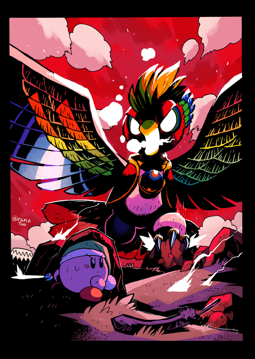 dyna_blade green_headwear hiding highres kirby kirby_(series) kirby_super_star nintendo rariatto_(ganguri) red_sky rock sky sword weapon white_eyes