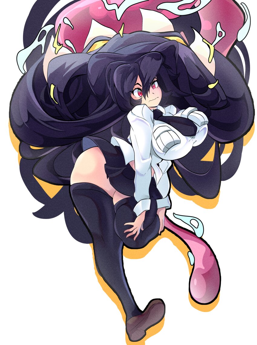1girl absurdres black_hair black_thighhighs blush breasts extra_mouth filia_(skullgirls) highres large_breasts long_hair molu_(molu-molu) necktie prehensile_hair red_eyes samson_(skullgirls) school_uniform skirt skullgirls teeth thick_thighs thighhighs thighs