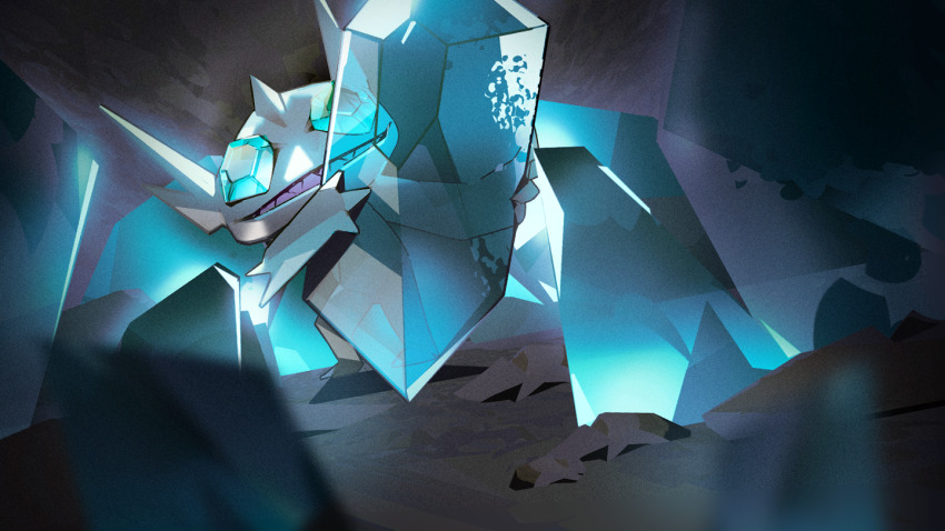 alternate_color aqua_eyes commentary gem gen_3_pokemon grin holding holding_gem matwvv mega_pokemon mega_sableye nintendo no_humans pokemon pokemon_(creature) sableye sharp_teeth shiny_pokemon smile solo standing teeth