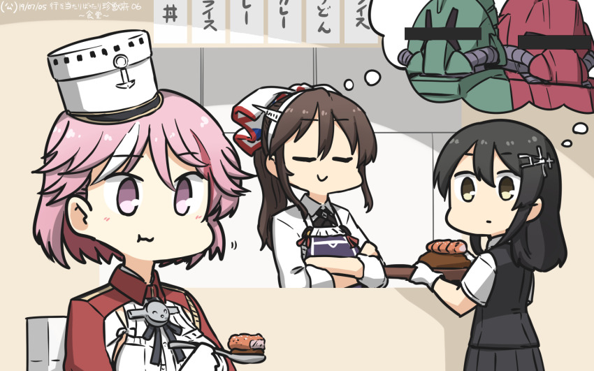 3girls apron ashigara_(kancolle) ashigara_kai_ni_(ichibankuji)_(kancolle) ashigara_kai_ni_(kancolle) bar_censor black_hair black_skirt black_vest breasts brown_hair censored censored_identity closed_eyes commentary crossed_arms curry dated fake_horns food galbaldy_alpha galbaldy_beta giuseppe_garibaldi_(kancolle) gloves grey_eyes gundam hair_ornament hairband hairclip hamu_koutarou hat highres horned_headwear horns kantai_collection long_hair medium_breasts multiple_girls oyashio_(kancolle) pink_eyes pink_hair pleated_skirt ponytail pun purple_apron red_shirt remodel_(kantai_collection) shared_thought_bubble shirt short_hair short_sleeves skirt speech_bubble thought_bubble vest white_gloves white_headwear white_shirt window zeta_gundam