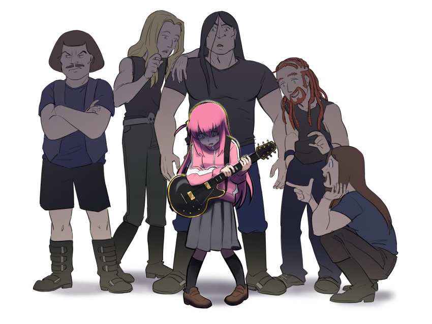 1girl beard black_hair black_socks blonde_hair blue_eyes bocchi_the_rock! boots brown_hair brown_shoes commentary_request crossed_arms crossover dethklok electric_guitar eyebrow_piercing face_piercing facial_hair frown gibson_les_paul gibson_les_paul_custom gotoh_hitori green_eyes grey_skirt guitar hair_ornament highres instrument jacket metalocalypse mustache nathan_explosion open_mouth pickles_(dethklok) piercing pink_hair red_hair shoes shouri_(mirrorshards) skirt skwisgaar_skwigelf smile socks squatting standing tank_top toki_wartooth track_jacket vest william_murderface wristband