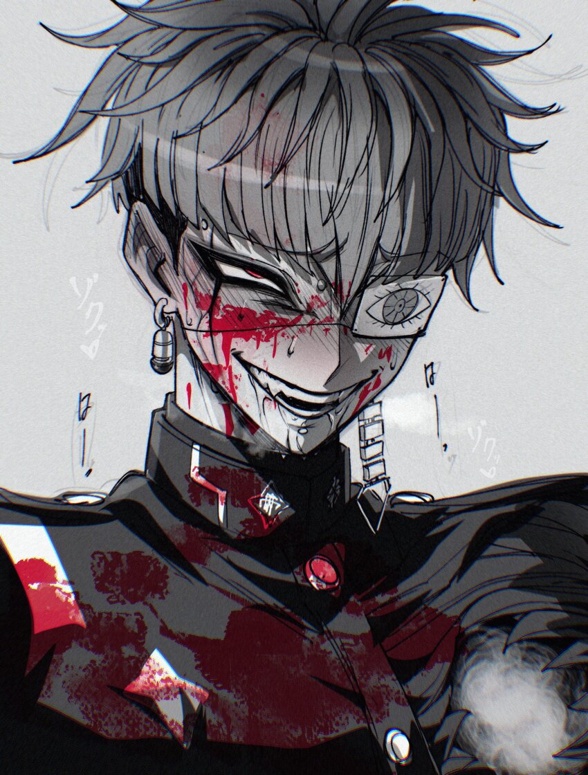 1boy blood blood_on_face chamuchai cracked_skin drooling earrings evil_grin evil_smile eye_print eyepatch eyeshadow face_piercing gakuran greyscale grin highres hole_in_chest hole_on_body jewelry labret_piercing last_defense_academy_school_uniform looking_up makeup male_focus monochrome omokage_yugamu piercing portrait print_eyepatch red_eyes school_uniform short_hair simple_background smile solo spot_color sweat the_hundred_line_-last_defense_academy-