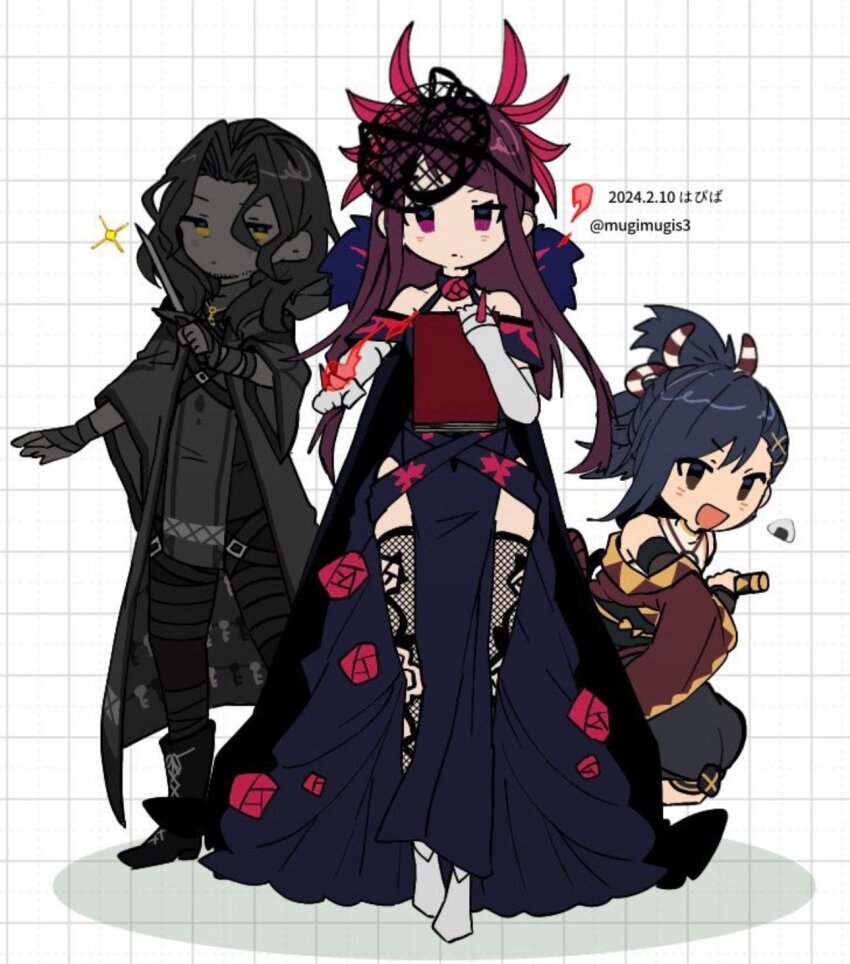 1girl 2boys blue_hair brooch chizuru752830fe dark-skinned_male dark_blue_hair dark_skin fascinator fire_emblem fire_emblem_engage fishnet_thighhighs fishnets flower_brooch full_body highres ivy_(fire_emblem) kagetsu_(fire_emblem) matching_hair/eyes multiple_boys nintendo purple_eyes purple_hair see-through_clothes see-through_headwear thighhighs thorn_print zelkov_(fire_emblem)