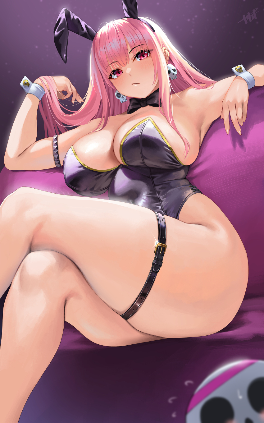 1girl absurdres animal_ears armpits bare_arms bare_shoulders black_bow black_bowtie black_leotard blush bow bowtie breasts closed_mouth commentary crossed_legs earrings fake_animal_ears feet_out_of_frame highleg highleg_leotard highres hololive hololive_english jewelry kisaragi_tsurugi large_breasts leotard long_hair looking_at_viewer mori_calliope pink_eyes playboy_bunny rabbit_ears sitting skull_earrings solo symbol-only_commentary thick_thighs thigh_strap thighs variant_set virtual_youtuber wrist_cuffs