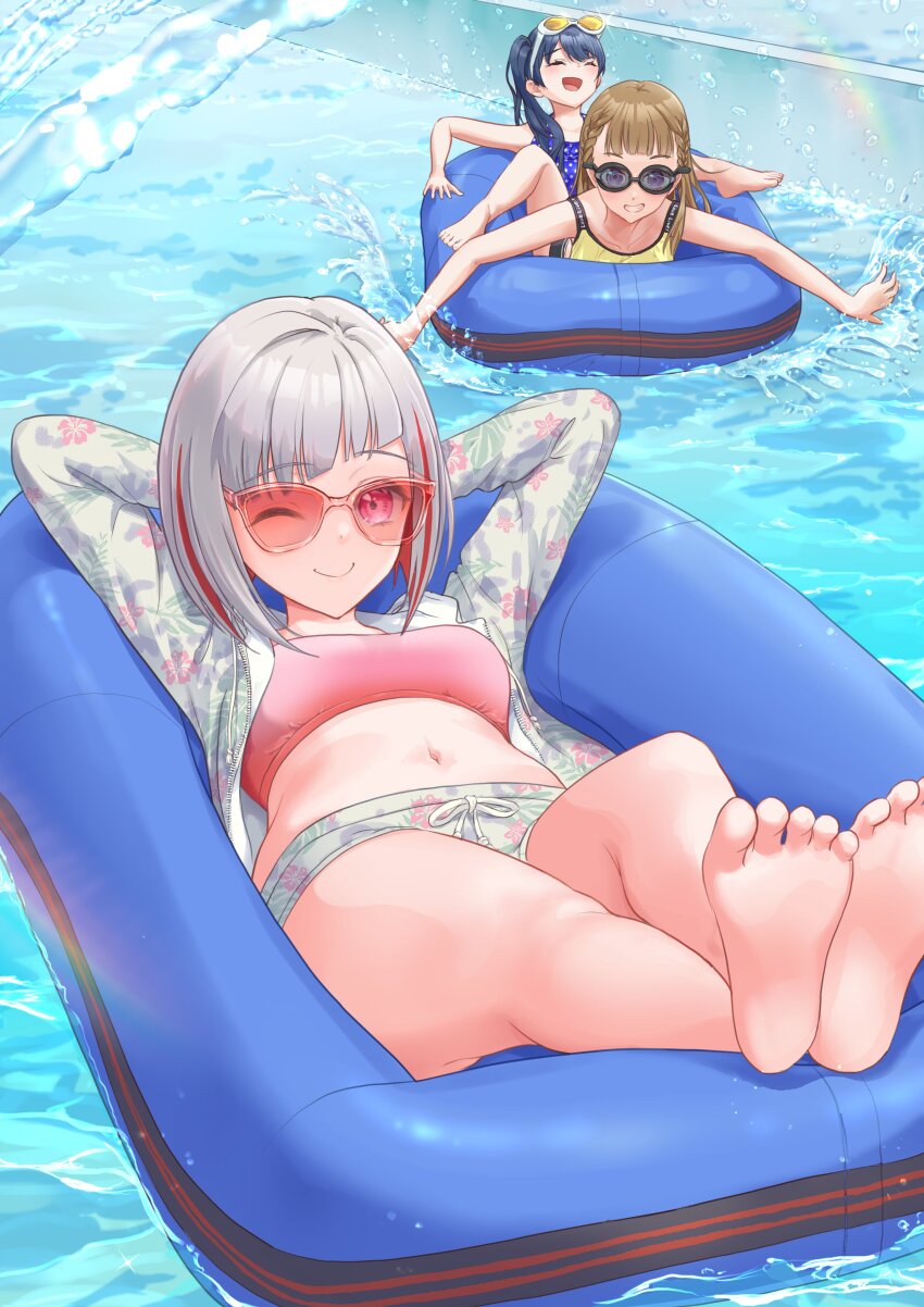 3girls :d ;) ^_^ absurdres alternate_costume arms_behind_head arms_up barefoot blue_hair blue_one-piece_swimsuit blunt_bangs bob_cut braid breasts brown_hair center-flap_bangs closed_eyes closed_mouth colored_inner_hair commentary dark_blue_hair diagonal_bangs dollchestra eyewear_on_head floral_print full_body goggles grey_hair grin highres inflatable_raft inverted_bob jacket kachimachi_kosuzu kobassy link!_like!_love_live! long_hair looking_at_viewer love_live! lying medium_breasts midriff multicolored_hair multiple_girls murano_sayaka navel on_back one-piece_swimsuit one_eye_closed open_clothes open_jacket open_mouth pink_eyes pink_sports_bra ponytail print_jacket print_shorts raft red-tinted_eyewear red_hair red_streaks short_hair shorts side_braids smile soles split_mouth sports_bra straight_hair streaked_hair sunglasses swimsuit tinted_eyewear toes transparent-framed_eyewear virtual_youtuber waterpark white-framed_eyewear yellow-tinted_eyewear yellow_one-piece_swimsuit yugiri_tsuzuri