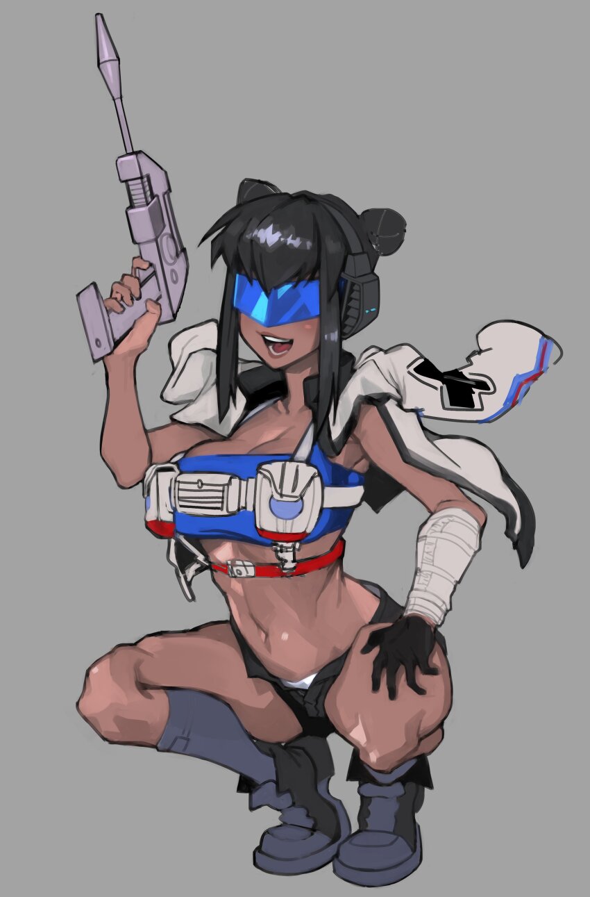 1girl absurdres black_gloves black_shoes black_shorts blue_tube_top breasts cleavage dark-skinned_female dark_skin double_bun en_(envelus_tf) genderswap genderswap_(mtf) gloves grey_socks gun hair_bun head-mounted_display head_tilt headphones highres holding holding_gun holding_weapon humanization jacket jacket_on_shoulders jazz_(transformers) medium_breasts micro_shorts midriff navel open_clothes open_mouth open_shorts panties shoes shorts sidelocks smile sneakers socks solo squatting strapless transformers tube_top underwear weapon white_jacket white_panties