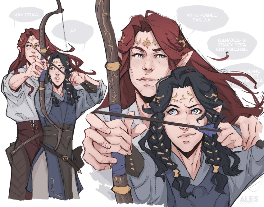 2boys aiming ales archery arrow_(projectile) belt black_hair blue_eyes blue_tunic bow_(weapon) braided_sidelock brown_pants circlet closed_mouth cowboy_shot elf fingon freckles gold_circlet gold_ribbon grey_shirt hair_ribbon hands_on_another&#039;s_hands height_difference highres holding holding_bow_(weapon) holding_weapon maedhros male_focus multiple_boys open_mouth pants pointy_ears red_belt red_hair ribbon russian_text shirt smile the_silmarillion tolkien&#039;s_legendarium translation_request tunic upper_body weapon white_shirt wooden_bow_(weapon) yaoi