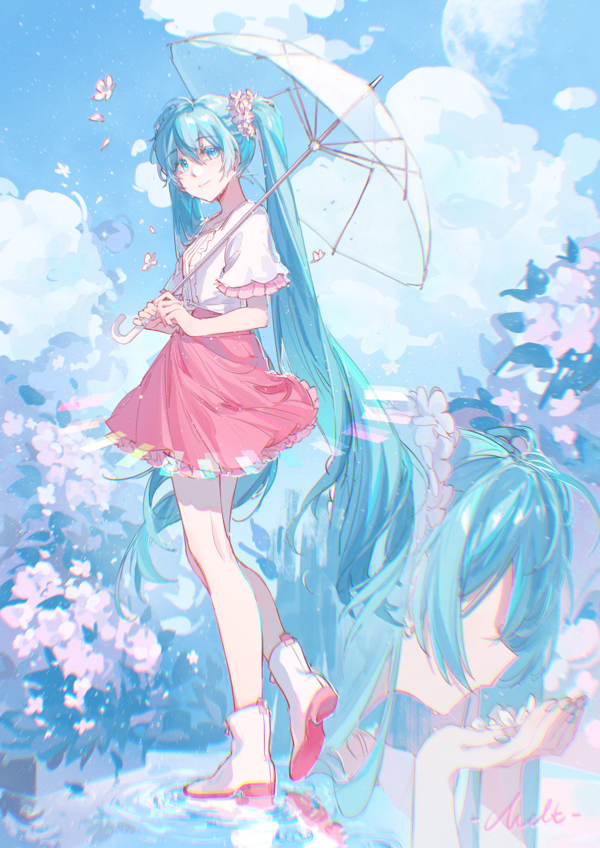 absurdres after_rain aqua_eyes aqua_hair aqua_nails blouse blue_sky blue_theme boots cai_(user_tyha8354) close-up cloud collarbone colored_eyelashes falling_flower falling_petals flower frilled_shirt frilled_sleeves frills hair_flower hair_ornament hatsune_miku highres holding holding_flower holding_umbrella long_hair looking_at_viewer looking_back melt_(vocaloid) multiple_views petals pink_flower pink_skirt puddle ripples rubber_boots shirt short_sleeves skirt sky smile song_name transparent transparent_umbrella twintails umbrella very_long_hair vocaloid walking white_boots