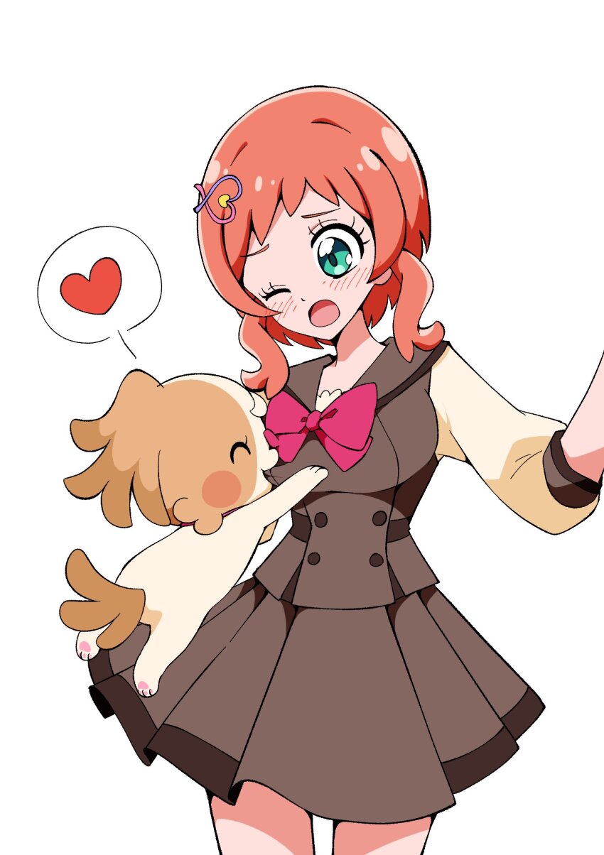 2girls @est@ biting blush breast_biting brown_fur commentary_request dog green_eyes hair_ornament hairclip heart highres multiple_girls one_eye_closed open_mouth orange_hair pain pawpads precure school_uniform second_wangan_school_uniform skirt spoken_heart wonderful_precure!