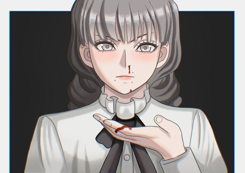 1girl absurdres black_background black_ribbon blood blood_on_hands border brown_eyes brown_hair closed_mouth commentary face_piercing fear_&amp;_hunger_(series) fear_&amp;_hunger_2:_termina frilled_shirt_collar frills highres lips long_hair long_sleeves looking_at_viewer magna_lucis marina_(fear_&amp;_hunger) mouth_piercing neck_ribbon nosebleed outside_border piercing ribbon shirt solo upper_body white_border white_shirt