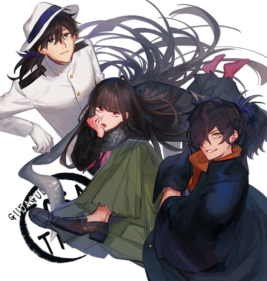 1girl 2boys bags_under_eyes black_footwear black_hair chago_(aruchagos7180) fate/grand_order fate_(series) from_above gloves hair_over_one_eye hands_in_opposite_sleeves hat highres jacket long_hair long_sleeves looking_at_viewer multiple_boys okada_izou_(fate) open_mouth oryou_(fate) red_eyes sakamoto_ryouma_(fate) scarf sparse_stubble very_long_hair white_gloves white_hat white_jacket