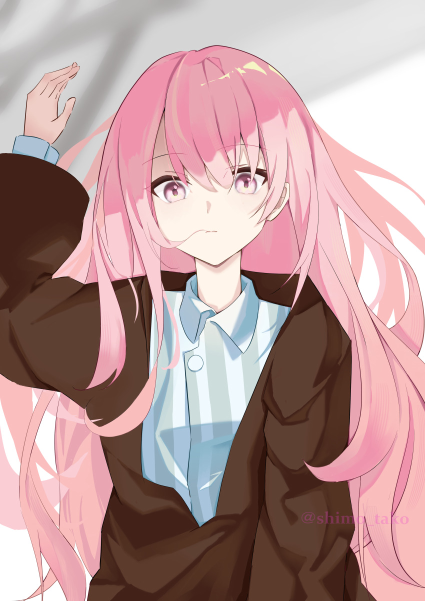 1girl absurdres arknights arm_up brown_jacket closed_mouth collared_shirt commentary expressionless grey_shirt hair_between_eyes highres jacket layered_sleeves lemuen_(arknights) long_hair long_sleeves looking_at_viewer pink_eyes pink_hair puffy_long_sleeves puffy_sleeves shimo_tako shirt solo striped_clothes striped_shirt twitter_username upper_body vertical-striped_clothes vertical-striped_shirt watermark white_shirt
