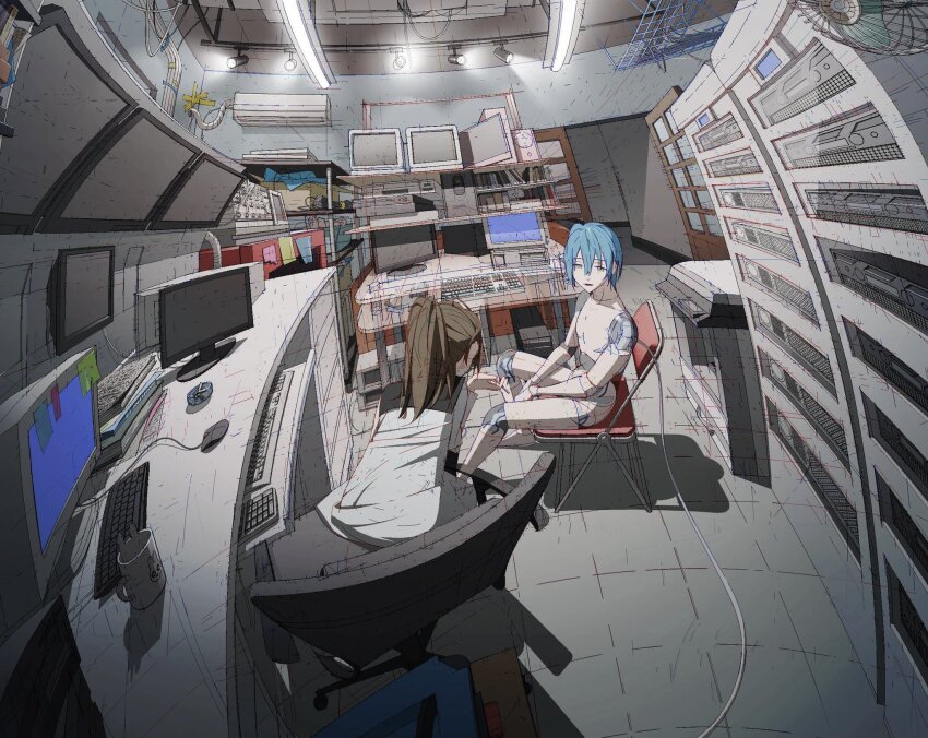1boy 1girl air_conditioner android blue_hair brown_hair cable chair cigarette coat commentary completely_nude computer crt english_commentary fisheye fluorescent_lamp green_eyes hair_up highres holding holding_cigarette indoors joints laboratory light_smile long_hair looking_at_another mechabare microsoft_paint_(medium) monitor nude office_chair open_mouth original ponytail robot_joints see-through_body server shelf short_hair sitting swivel_chair talking tkwkai white_coat