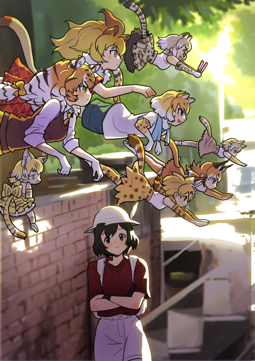 6+girls absurdres against_wall animal_ears animal_print backpack bag bare_arms black_gloves black_hair blonde_hair bow brick_wall brown_hair caracal_(kemono_friends) cat_(kemono_friends) cat_ears cat_girl cat_tail crossed_arms day elbow_gloves glasses gloves hair_bow hat_feather height_difference helmet highres jaguar_(kemono_friends) jaguar_ears jaguar_tail jumping kaban_(kemono_friends) kemono_friends light_brown_hair lion_(kemono_friends) lion_ears lion_tail long_hair looking_afar looking_at_viewer low-tied_long_hair margay_(kemono_friends) multicolored_hair multiple_girls outdoors outstretched_arms paw_pose photo-referenced pith_helmet print_gloves print_legwear print_skirt red_shirt roonhee sand_cat_(kemono_friends) serval_(kemono_friends) serval_tail shirt short_hair short_sleeves shorts siberian_tiger_(kemono_friends) skirt sleeveless sleeveless_shirt smile sweater_vest tail thighhighs tiger_ears tiger_tail white_hair yellow_eyes zettai_ryouiki