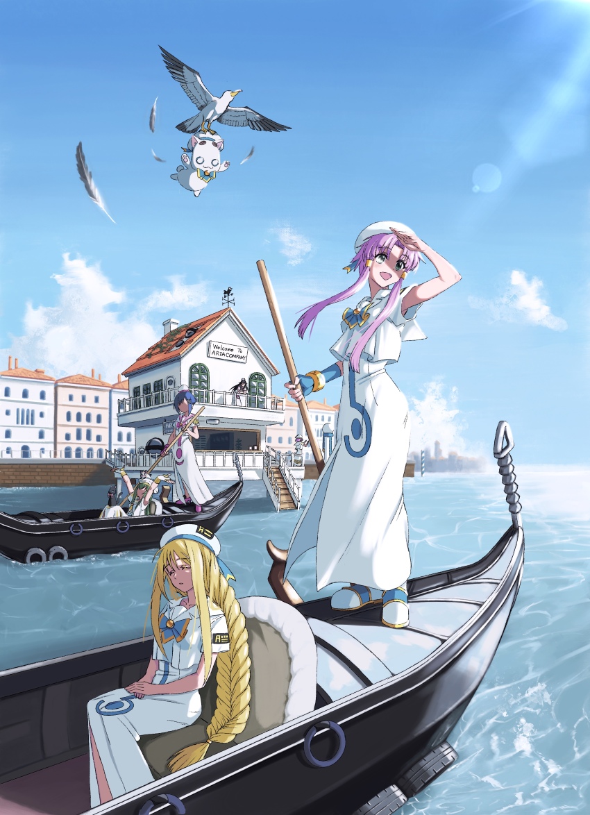 4others 6+girls absurdres aika_granzchesta akira_ferrari alice_carroll alicia_florence animal animal_on_head animal_on_lap aria_(manga) aria_company_uniform aria_pokoteng arm_up athena_glory beret bird black_cat black_hair blonde_hair blue_bow blue_bowtie blue_hair blue_sky boat boots bow bowtie bracelet braid building capelet cat cat_on_head cat_on_lap cityscape closed_eyes cloud collarbone curtained_hair day dress faceless feathers fingerless_gloves gloves gold_bracelet gold_trim gondola green_eyes green_hair hair_tubes haitempo hands_on_lap hands_up hat head_tilt high_heels highres hime_granzchesta himeya_company_uniform holding holding_oar house jewelry lens_flare long_dress long_hair mizunashi_akari multiple_girls multiple_others neo-venezia no_eyes oar ocean on_head on_lap open_mouth orange_planet_uniform outdoors outstretched_arms pink_hair pink_shoes president_maa railing sailor_collar seagull shoes short_hair short_hair_with_long_locks short_sleeves side_slit sidelocks single_braid single_glove sitting sky sleeping smile stairs standing_on_raft sun sunlight water watercraft white_boots white_capelet white_cat white_dress white_gloves