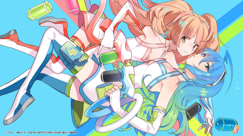 2girls artist_name blue_hair boots end_card gradient_hair green_eyes halterneck highres holster multicolored_hair multiple_girls orange_eyes orange_hair sumako_(ultra_super_anime_time) supika_(ultra_super_anime_time) thigh_boots thigh_holster thighhighs ultra_super_anime_time water_gun watermark yutaka7
