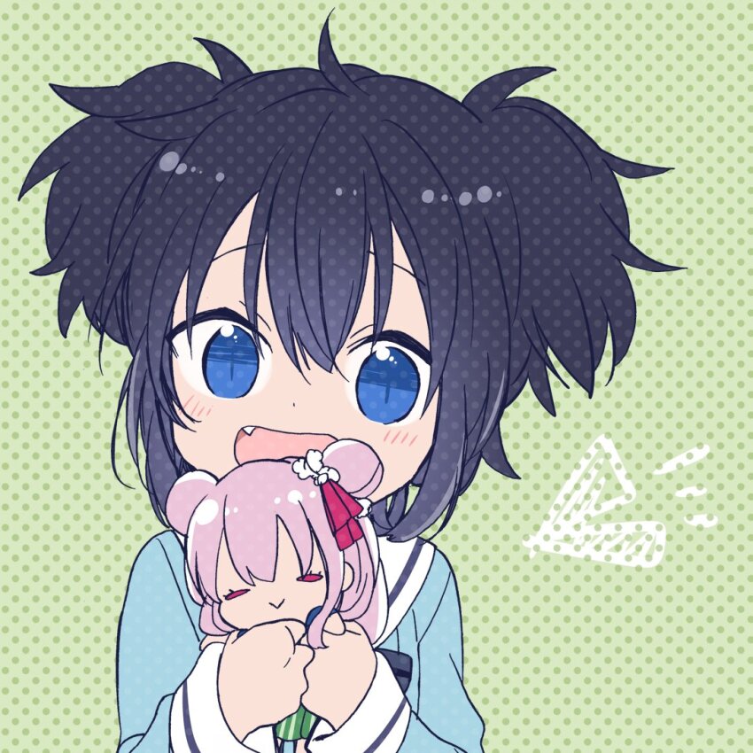 1girl black_hair blue_bow blue_bowtie blue_eyes blue_shirt bow bowtie character_doll child commentary_request doll dot_nose fang green_background hair_between_eyes halftone happy happy_sugar_life holding holding_doll kagisora_tomiyaki koube_shio light_blush long_sleeves looking_at_viewer matsuzaka_satou messy_hair official_art open_mouth sailor_collar school_uniform second-party_source serafuku shirt short_hair simple_background single_stripe slit_pupils smile solo striped_bow striped_bowtie striped_clothes tareme two_side_up upper_body white_sailor_collar white_sleeve_cuffs